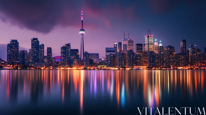 Neon dusk skyline casting electric ribbons across water.