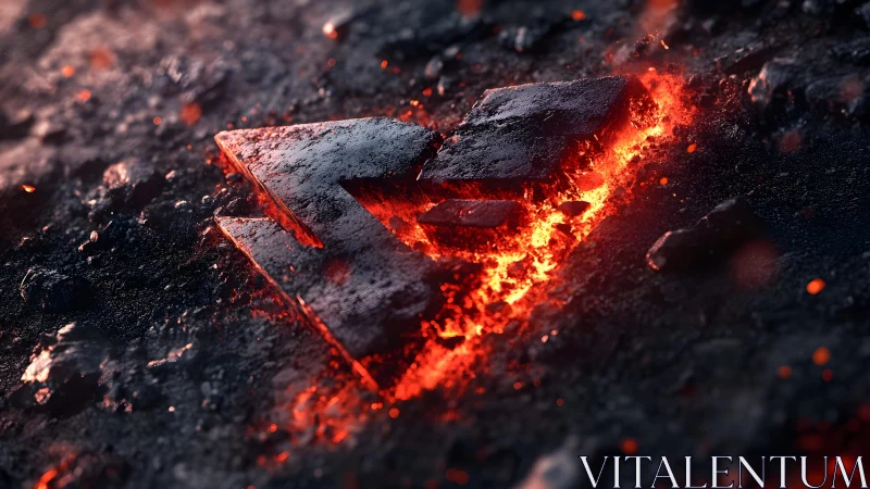 Molten Arrow Symbol on Charred Ground in Dramatic 3D Style.