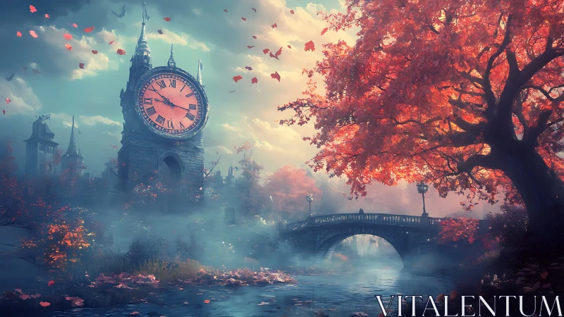 Enchanted clocktower and autumn bridge in ethereal twilight.