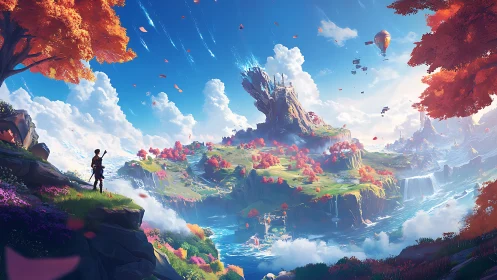 Fantasy vista with hero figure and floating isle topology.