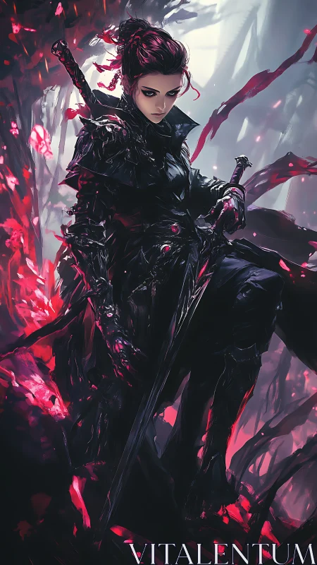 Armored female warrior stands with sword in red-lit forest