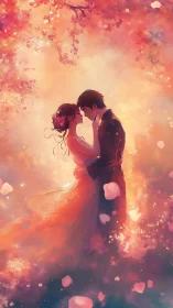 Romantic Couple Silhouettes Against Luminescent Floral Particles