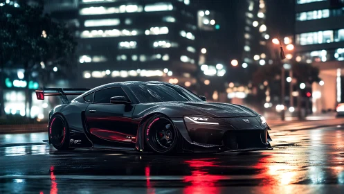 Modified sports coupe is parked on wet urban street at night