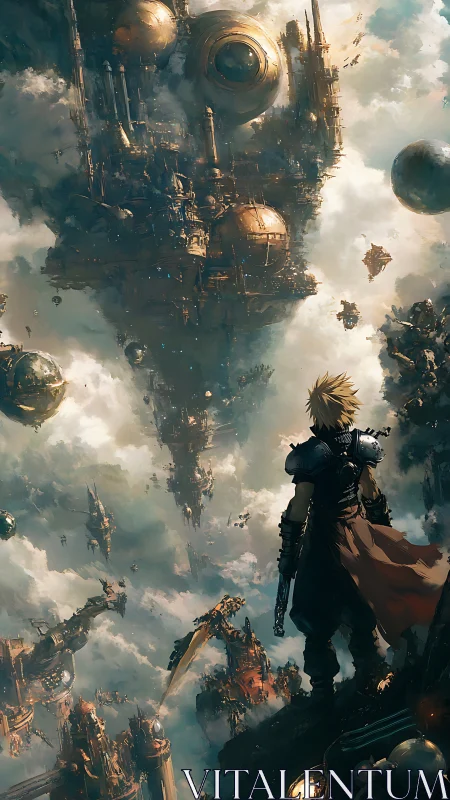 Solitary armed figure observing dense airborne cityscape.