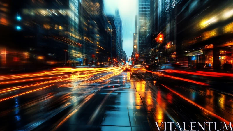 Long exposure captures wet city street with linear light trails