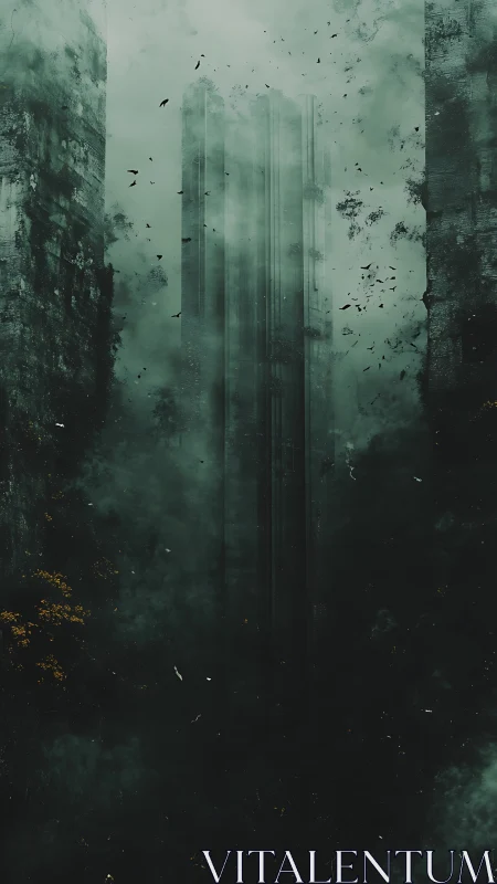 Misty green ruins rising quietly through drifting city fog.