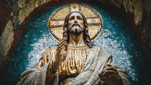 Mosaic-clad savior gazes upward beneath a radiant halo glow