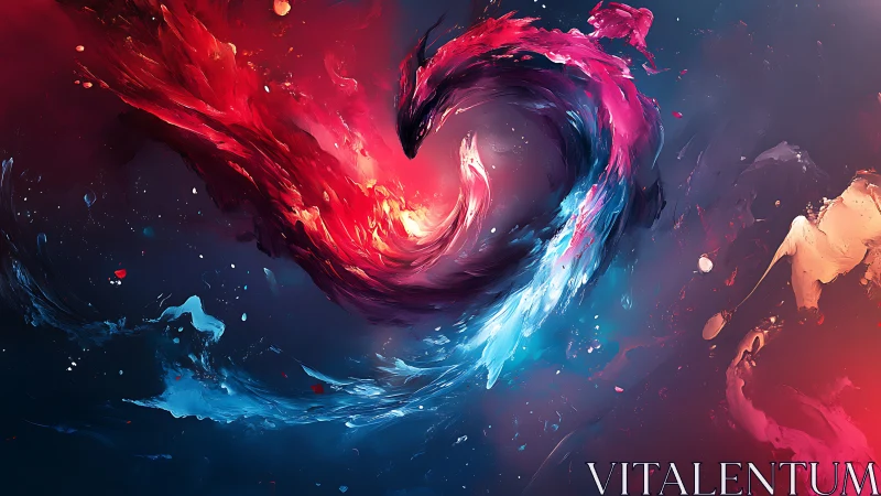 Swirling red and blue energy forms a glowing heart shape
