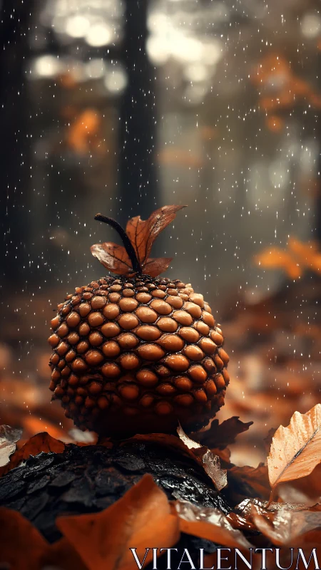 Rain-soaked pinecone fruit sculpture amid autumn forest floor.