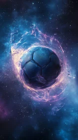 Soccer ball floats in glowing blue and purple cosmic nebula
