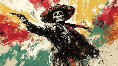 Skeleton gunslinger twirls color and chaos in mid-shot