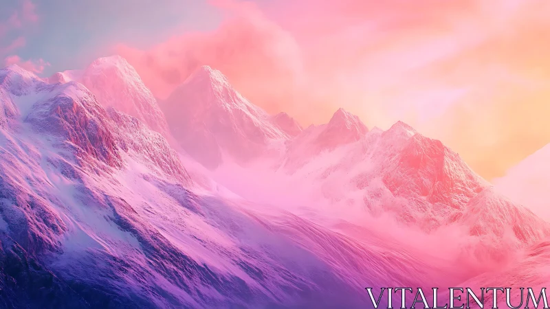 Sunlit pink mountains glow gently in a dreamy winter sky