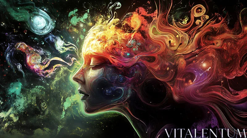 Human profile with swirling cosmic abstract color streams.