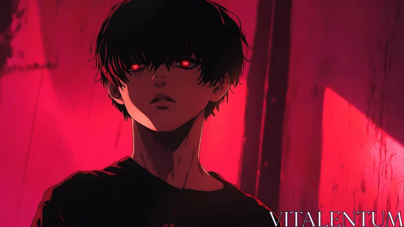 Shadowed anime boy gazes ahead with glowing red eyes