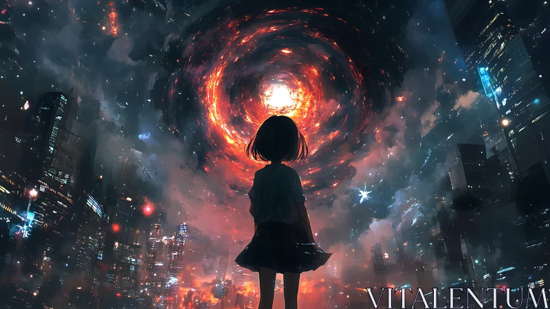 Silhouetted figure observes swirling luminous vortex over city