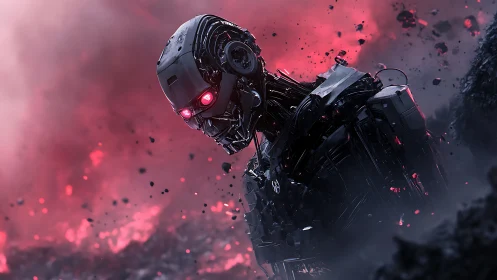 Damaged endoskeleton robot emerges in volumetric red smoke field