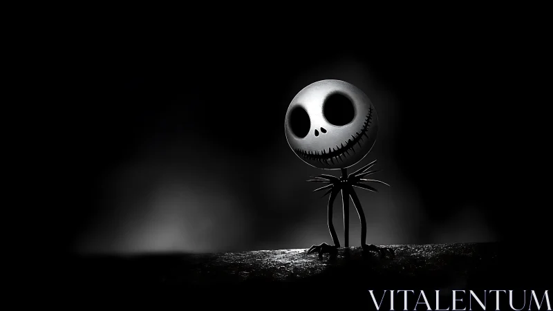 Skeletal cartoon figure in moody monochrome spotlighted darkness.