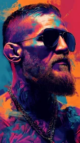 Neon portrait of bearded man in sunglasses, bold color heat