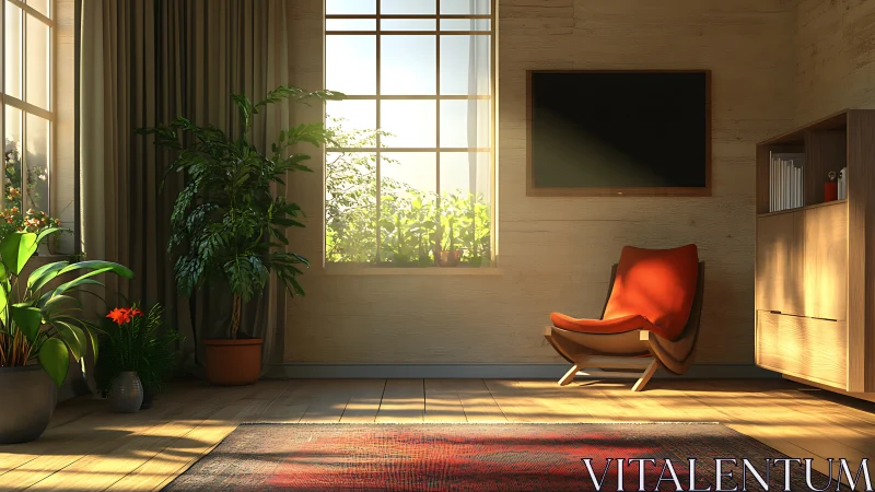 Sunlit interior corner with chair, plants, and window wall.