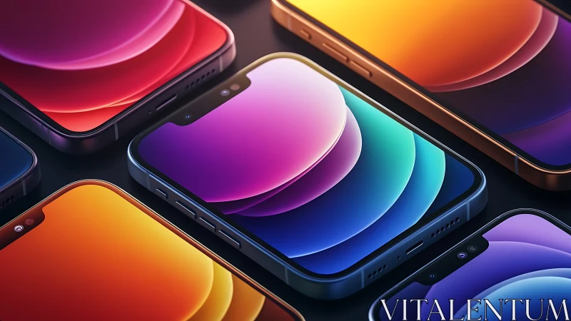 Colorful modern smartphones with glowing gradient screens.