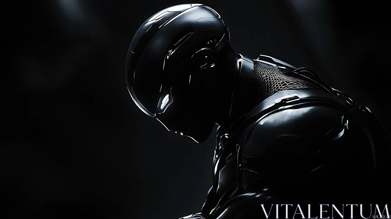 Cybernetic humanoid profile in gloss-black exoskeletal armor