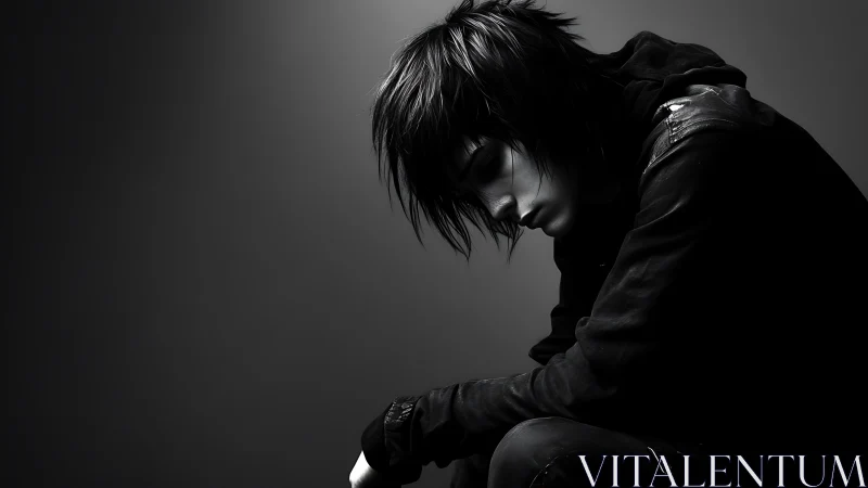 Shadowed loner curls into grayscale silence of thought.