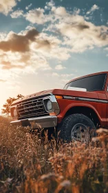 Sunset field crowns a weathered red pickup with quiet pride