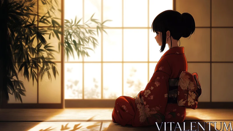 Evening shoji light cradles a quiet girl in crimson kimono