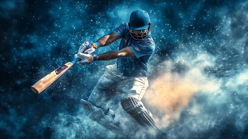 Cricket striker carves blazing power through swirling stadium dust.