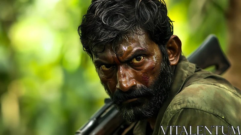 Battle hardened gaze in humid jungle light and shadow.