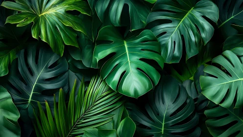 Lush monstera jungle leaves in calming layered greens.