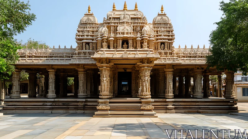 Stone temple facade with carved pillars and central shrine.