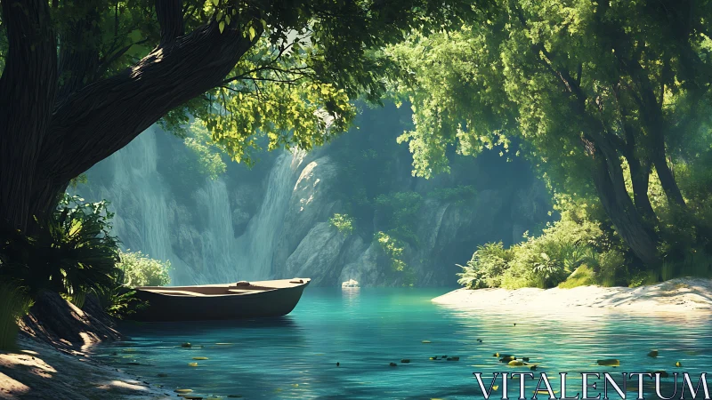 Secluded Canyon River with Moored Boat.