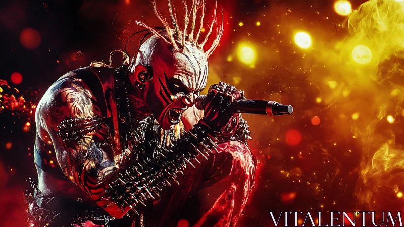 Aggressive metal vocalist screaming into microphone onstage.
