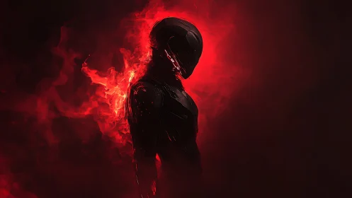 Futuristic armored figure in red smoke on dark backdrop.