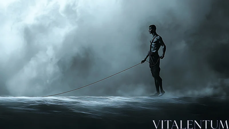 Solitary warrior poised above turbulent mist in monochrome digital painting
