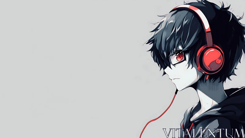 Monochrome anime profile with red headphones and cable contrast