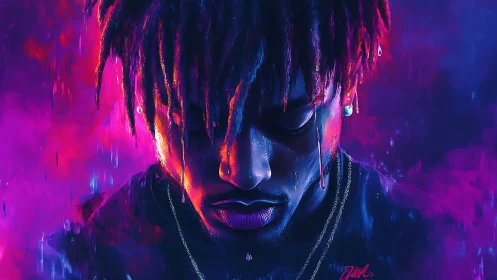 Neon-lit portrait of pensive man in magenta and cyan glow