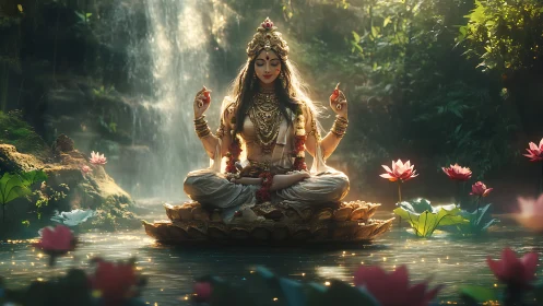 Lotus-born goddess glows in misty waterfall forest sanctuary.