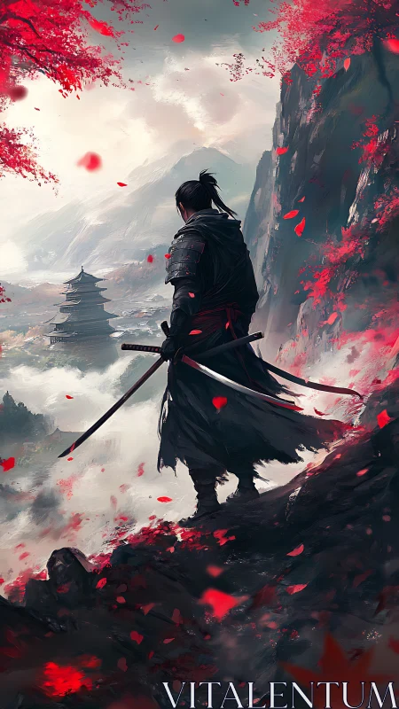 Lone samurai overlooks misty valley beneath crimson blossoms.