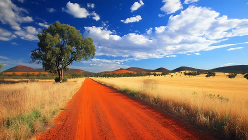 Red dirt road through golden grassland under vivid sky.
