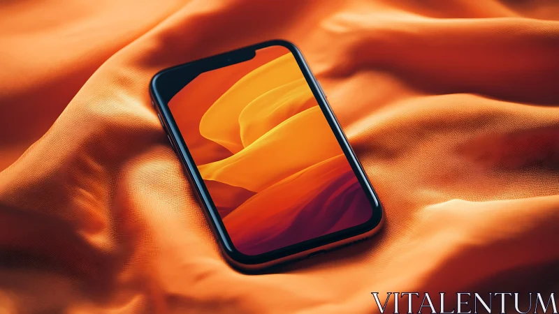 Smartphone with OLED display rests on rippled orange fabric surface