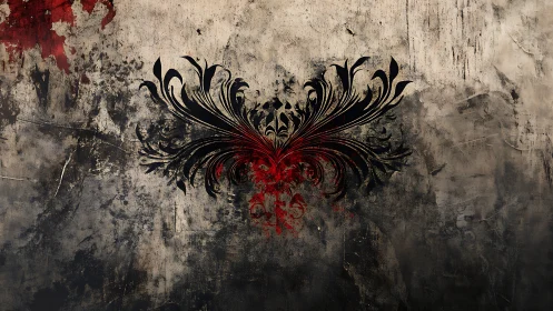 Baroque black wings spread over distressed concrete wall