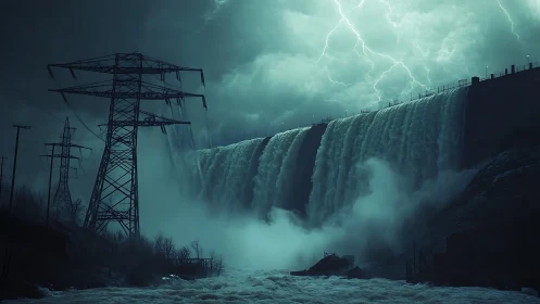 Storm-lit hydroelectric dam with high-voltage lattice pylons at dusk
