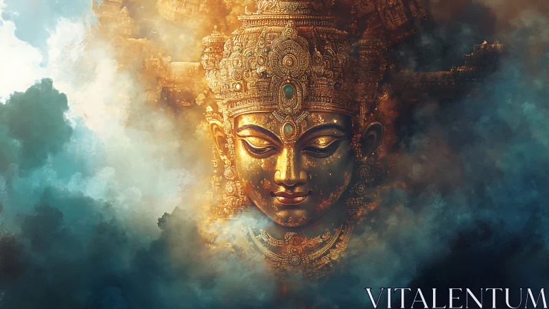 Golden ornate deity face emerging from swirling clouds.