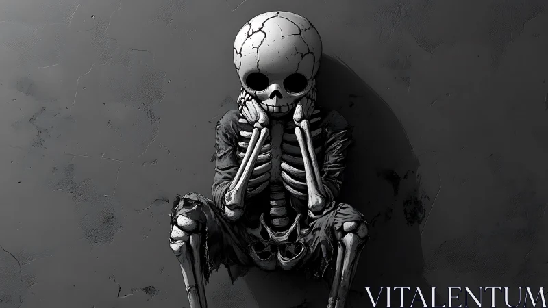 Cracked skull skeleton seated against distressed concrete wall