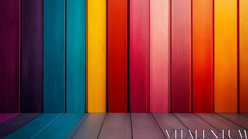 Vertical rainbow wooden wall merges into matching floorboards