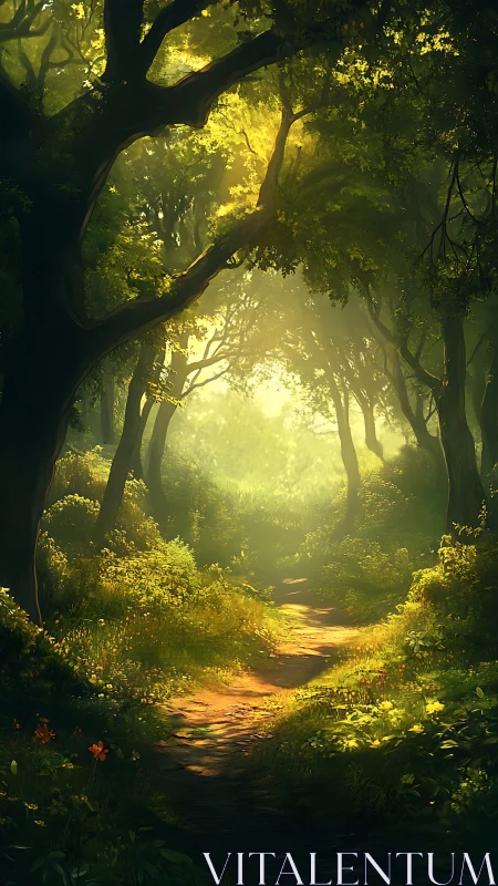 Golden Forest Path Through Ancient Trees