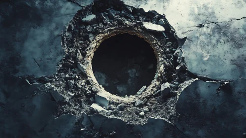 Rugged concrete breach with circular blast cavity detail.