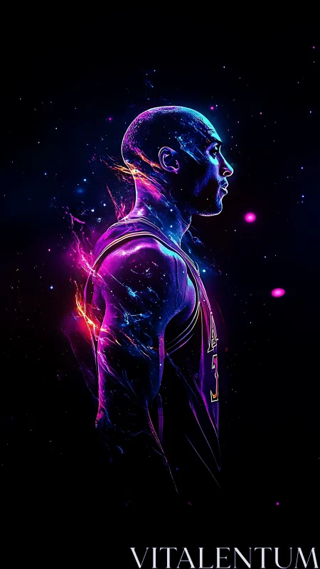 Neon-lit basketball legend emerges in cosmic profile glow.
